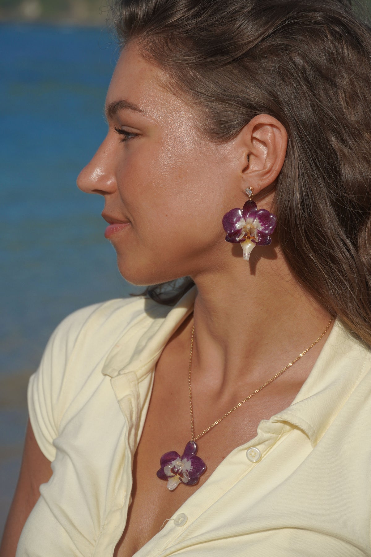 Real Purple & Yellow Orchids Jewelry Set