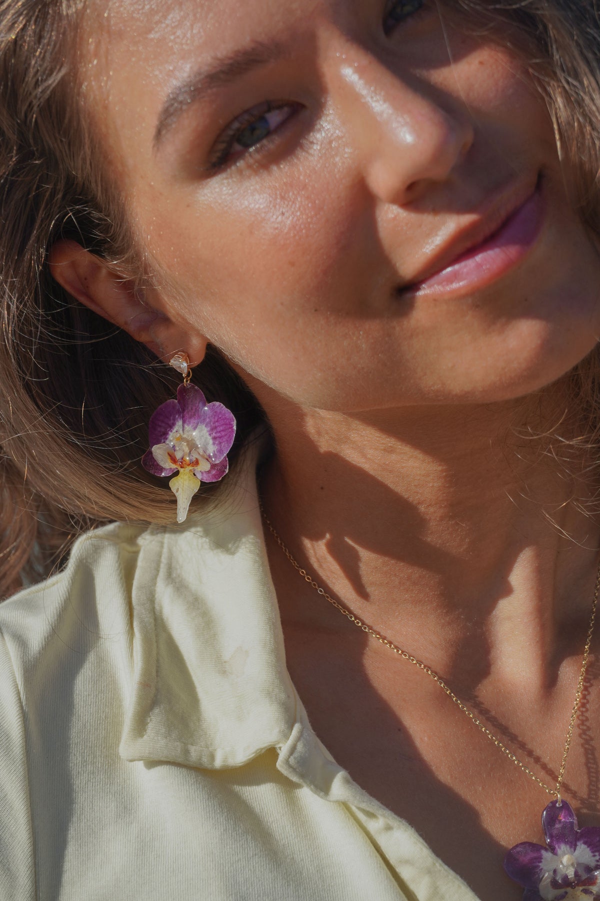 Real Purple & Yellow Orchids Jewelry Set