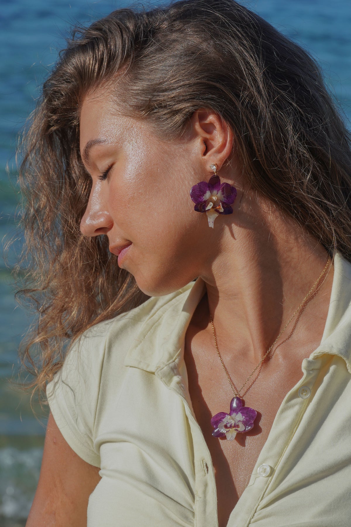 Real Purple & Yellow Orchids Jewelry Set